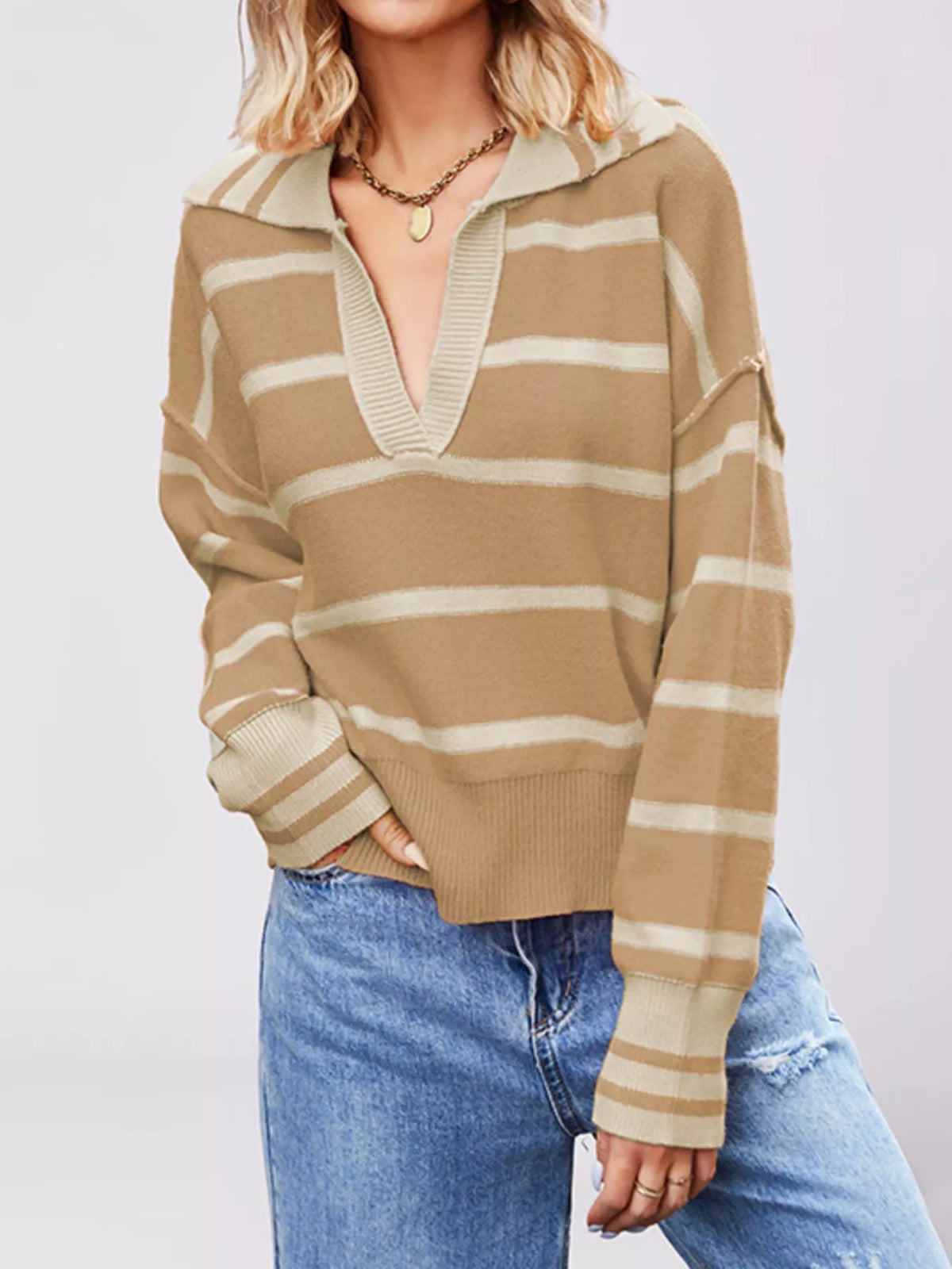 Striped Johnny Collar Dropped Shoulder Sweater - Lilixa.store