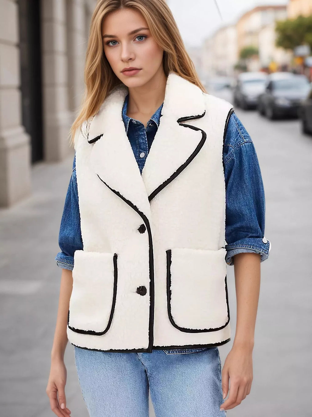 Sherpa Fleece Vest Coat with Contrast Trim - Lilixa.store