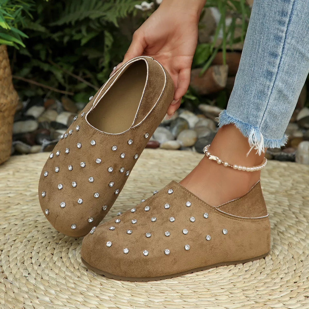 Rhinestone Round Toe Slip-Ons - Lilixa.store