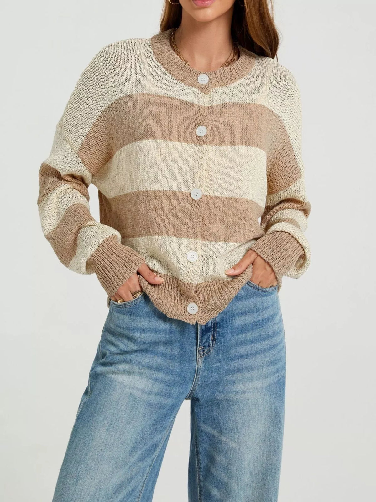 Casual Striped Button-Down Knit Cardigan - Lilixa.store