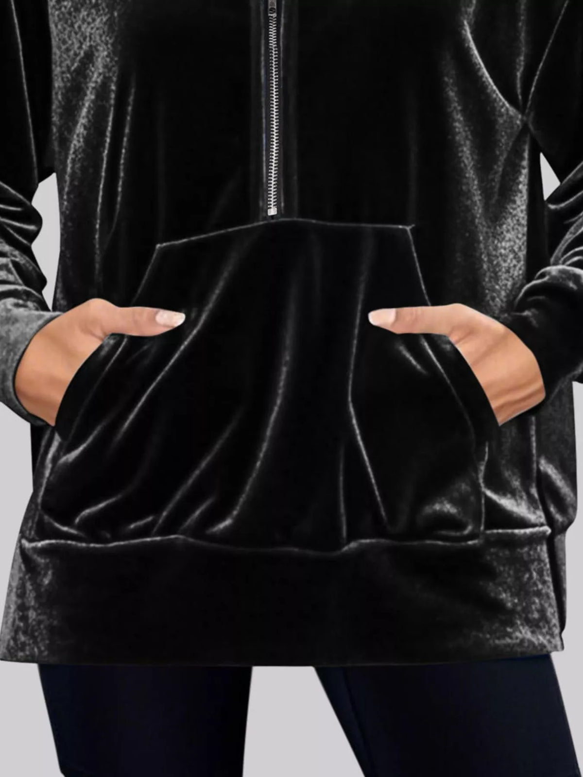 Full Size Velvet Half Zip Hoodie with Kangaroo Pocket Plus Size - Lilixa.store
