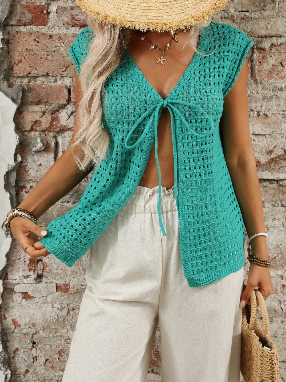 Tied Front Openwork V-Neck Knit Top in Turquoise