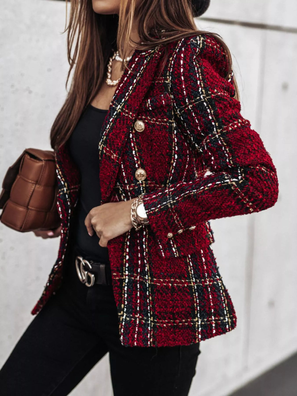 Full Size Plaid Tweed Double-Breasted Blazer Plus Size - Lilixa.store
