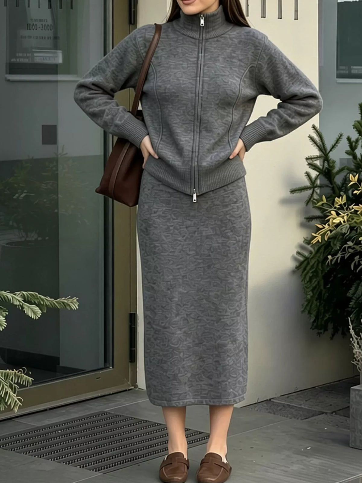 Zip-Up Mock Neck Cardigan and Matching Midi Skirt Sweater Set, view 4