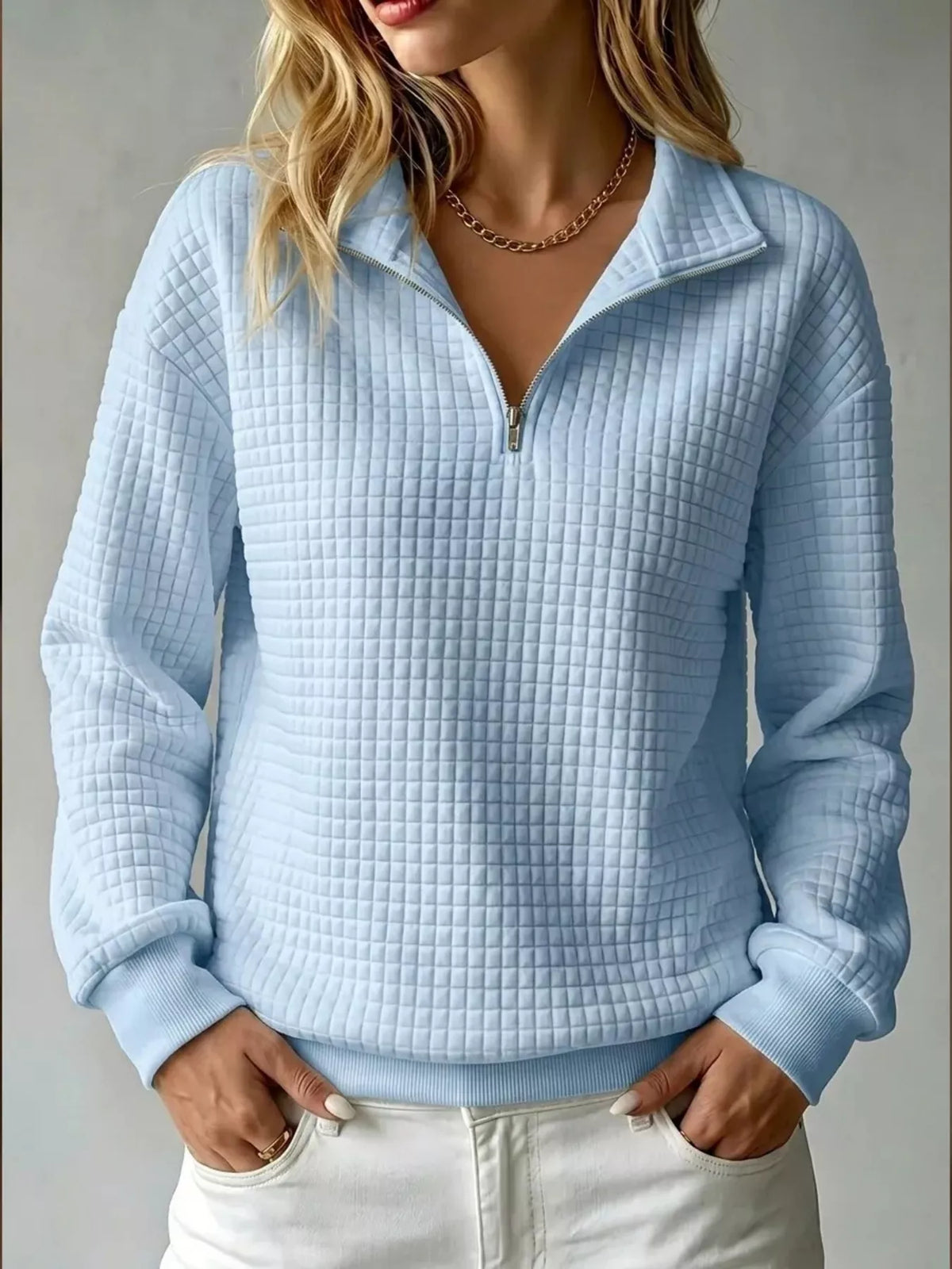 Waffle Knit Quarter-Zip Sweatshirt - Lilixa.store