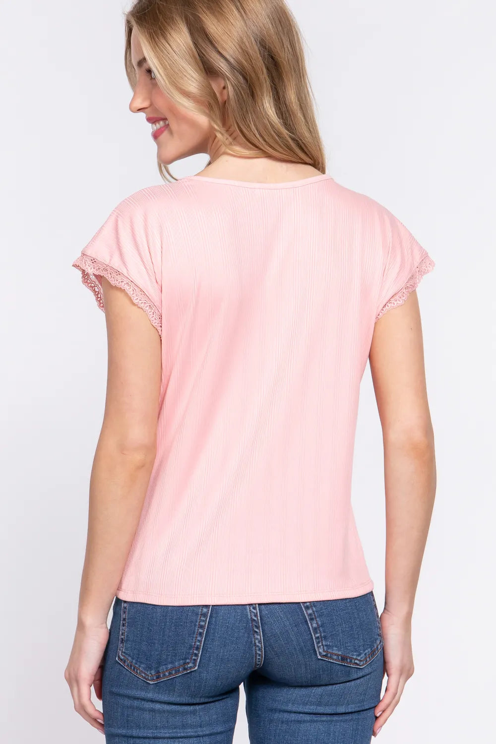 ACTIVE BASIC Lace Trim V-Neck Short Sleeve Ribbed Top - Lilixa.store