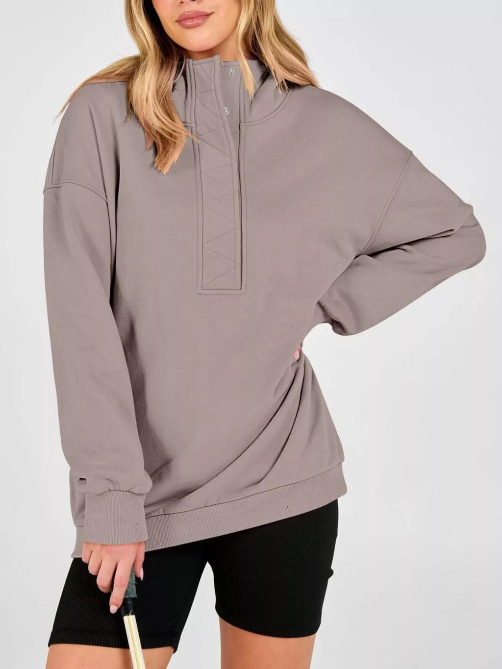 Half Snap Dropped Shoulder Hoodie - Lilixa.store