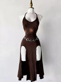 Slit Halter Neck Sun-Embroidered Dress - Lilixa.store
