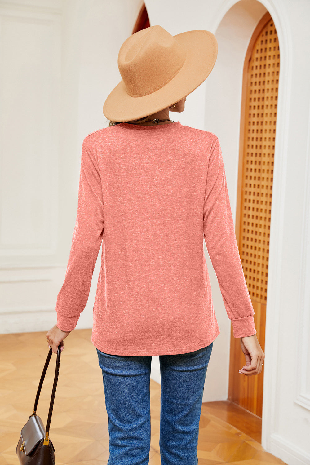 Buttoned Notched Neck Long Sleeve Top, view 9