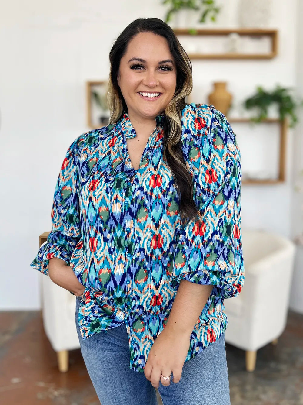 Double Take Full Size Printed Balloon Sleeve Blouse - Lilixa.store