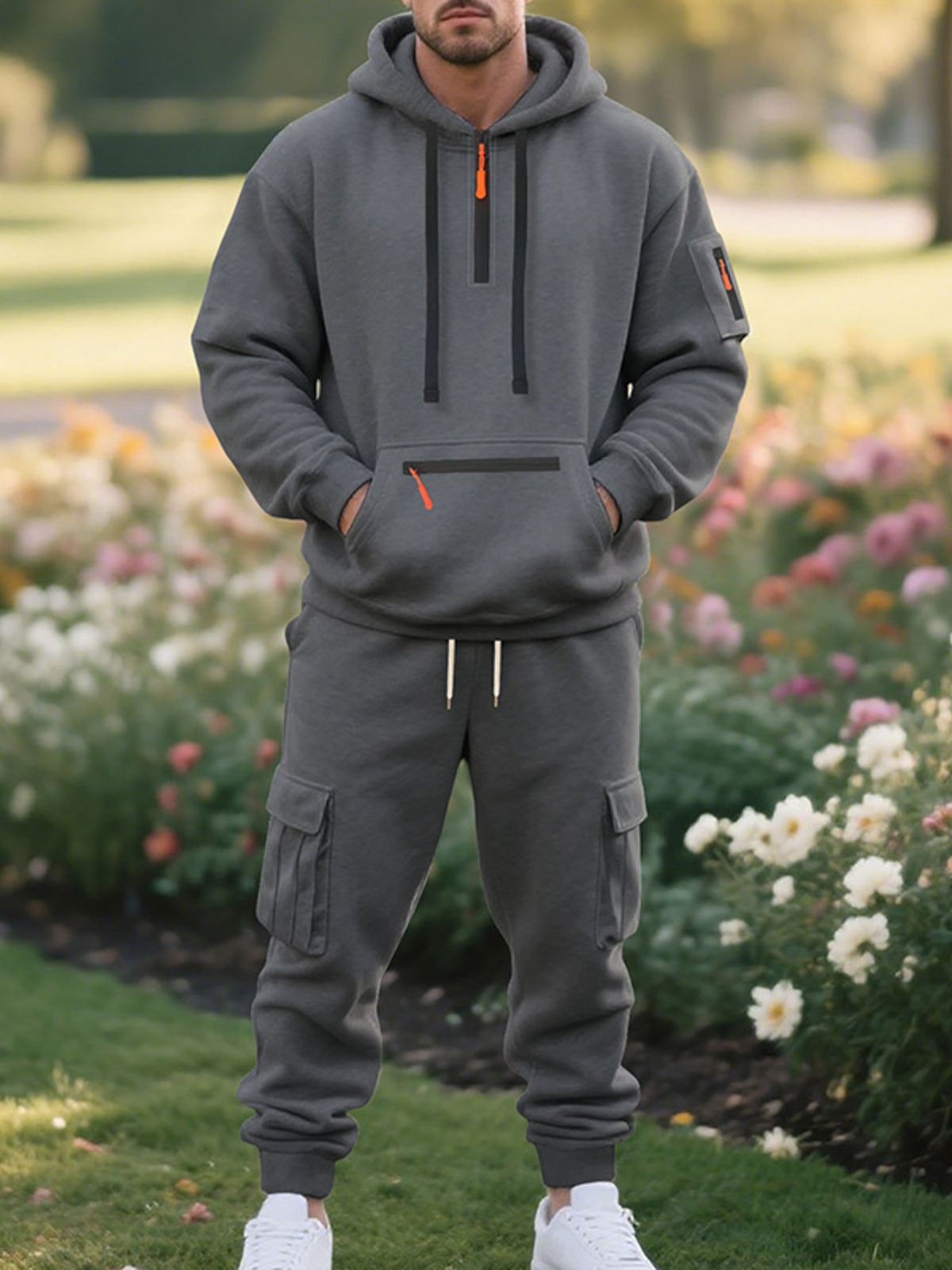 Men's Plus Size Tactical Cargo Hoodie and Jogger Set in Dark Gray