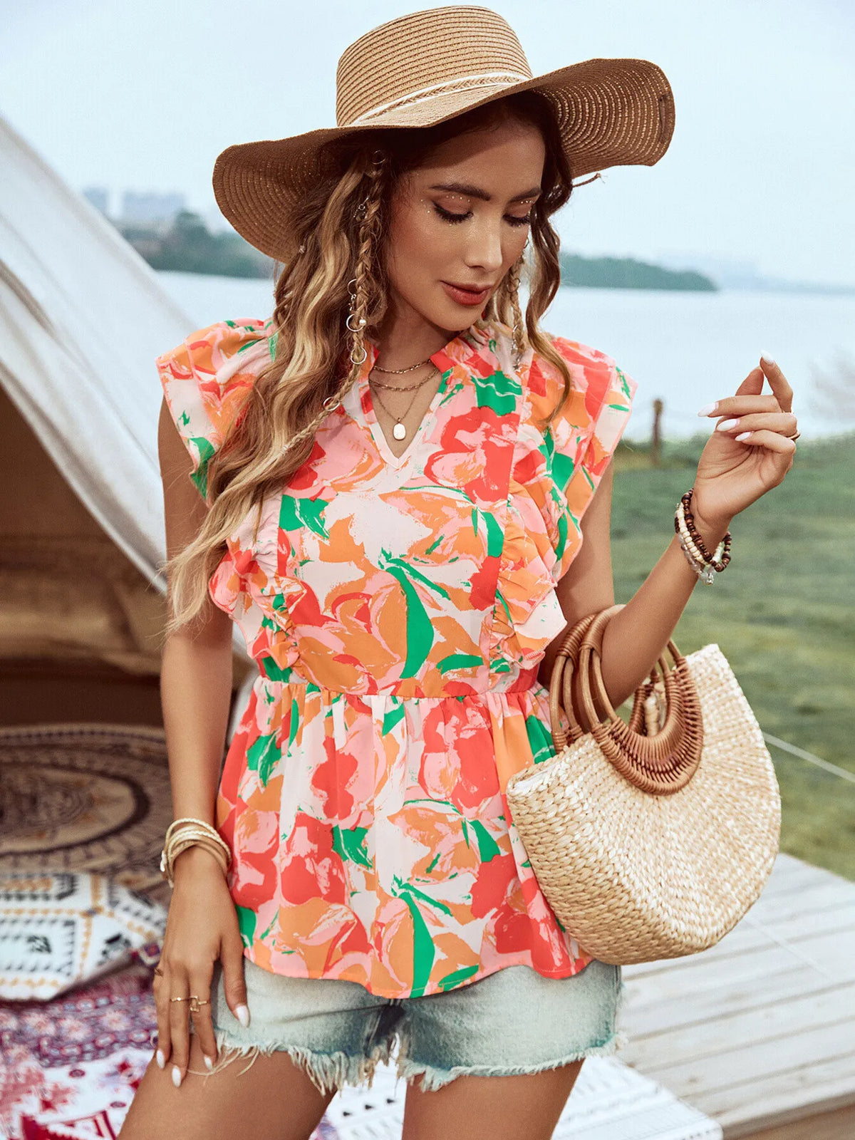 Floral Ruffle Cap Sleeve Blouse - Lilixa.store