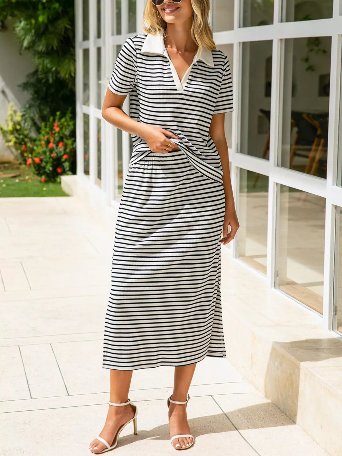 Striped Polo Collar Top and Slit Skirt Two-Piece Set, view 8