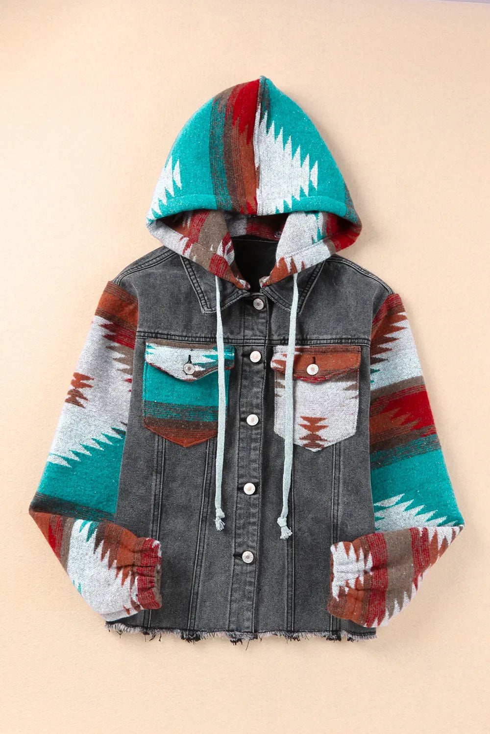 Drawstring Hooded Pocketed Denim Jacket, view 4