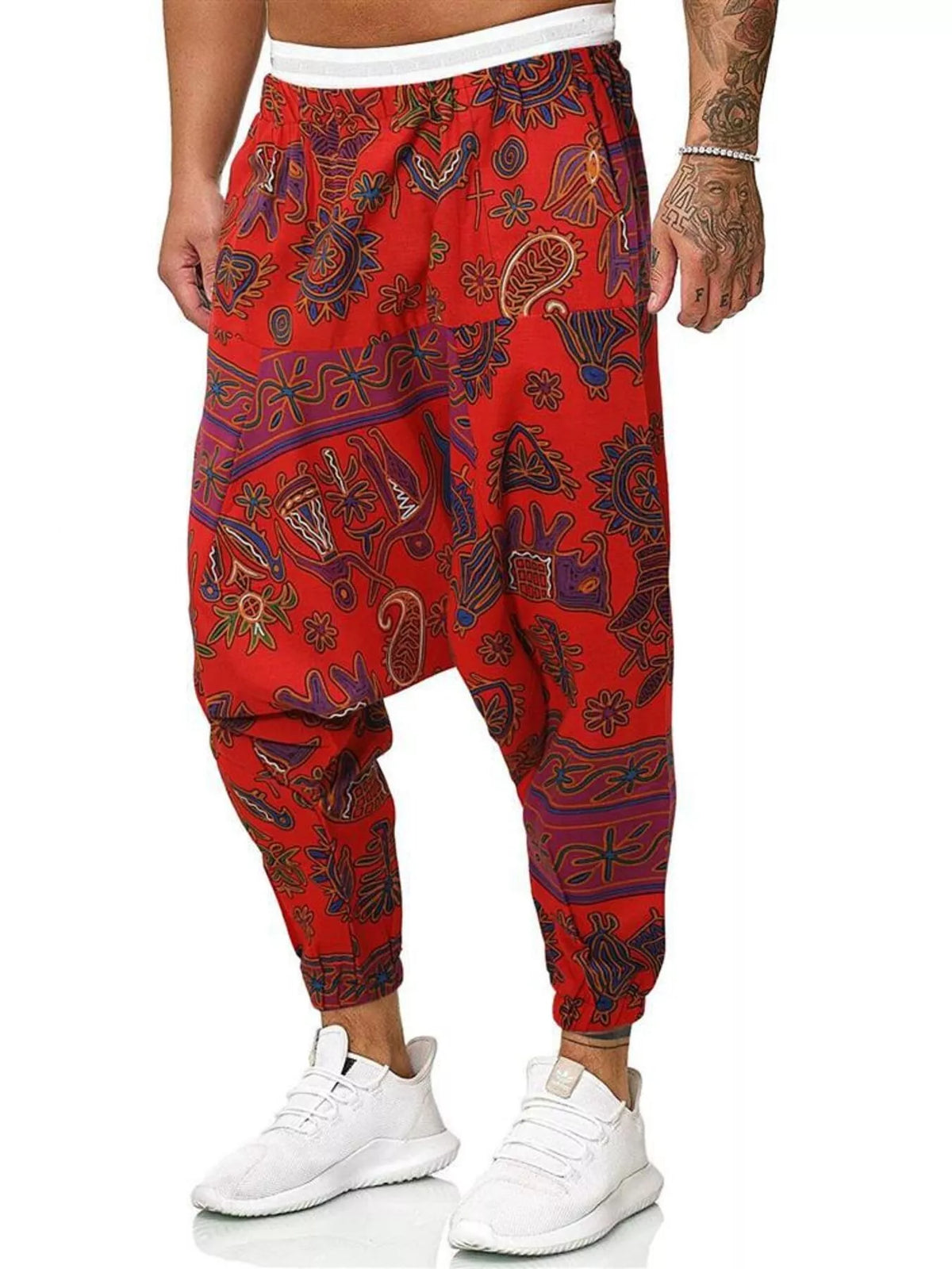 Men's Plus Size Bohemian Print Harem Pants in Red, view 2