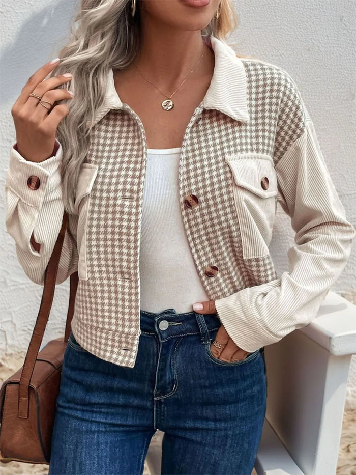 Perfee Pocketed Houndstooth Long Sleeve Jacket in Beige
