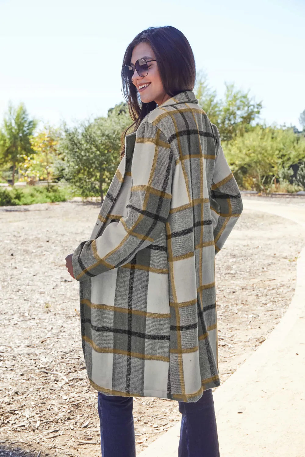 Double Take Full Size Plaid Button Up Lapel Collar Coat - Lilixa.store
