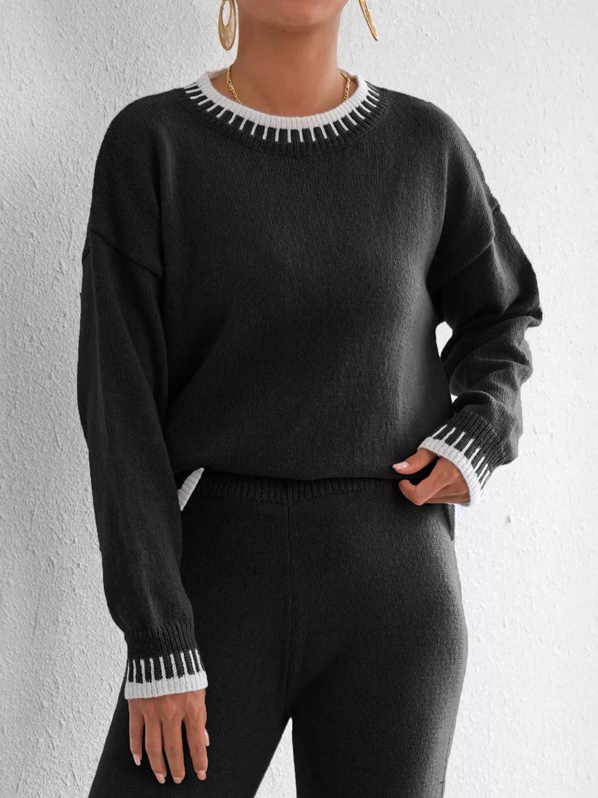 Contrast Trim Crew Neck Drop Shoulder Sweater - Lilixa.store