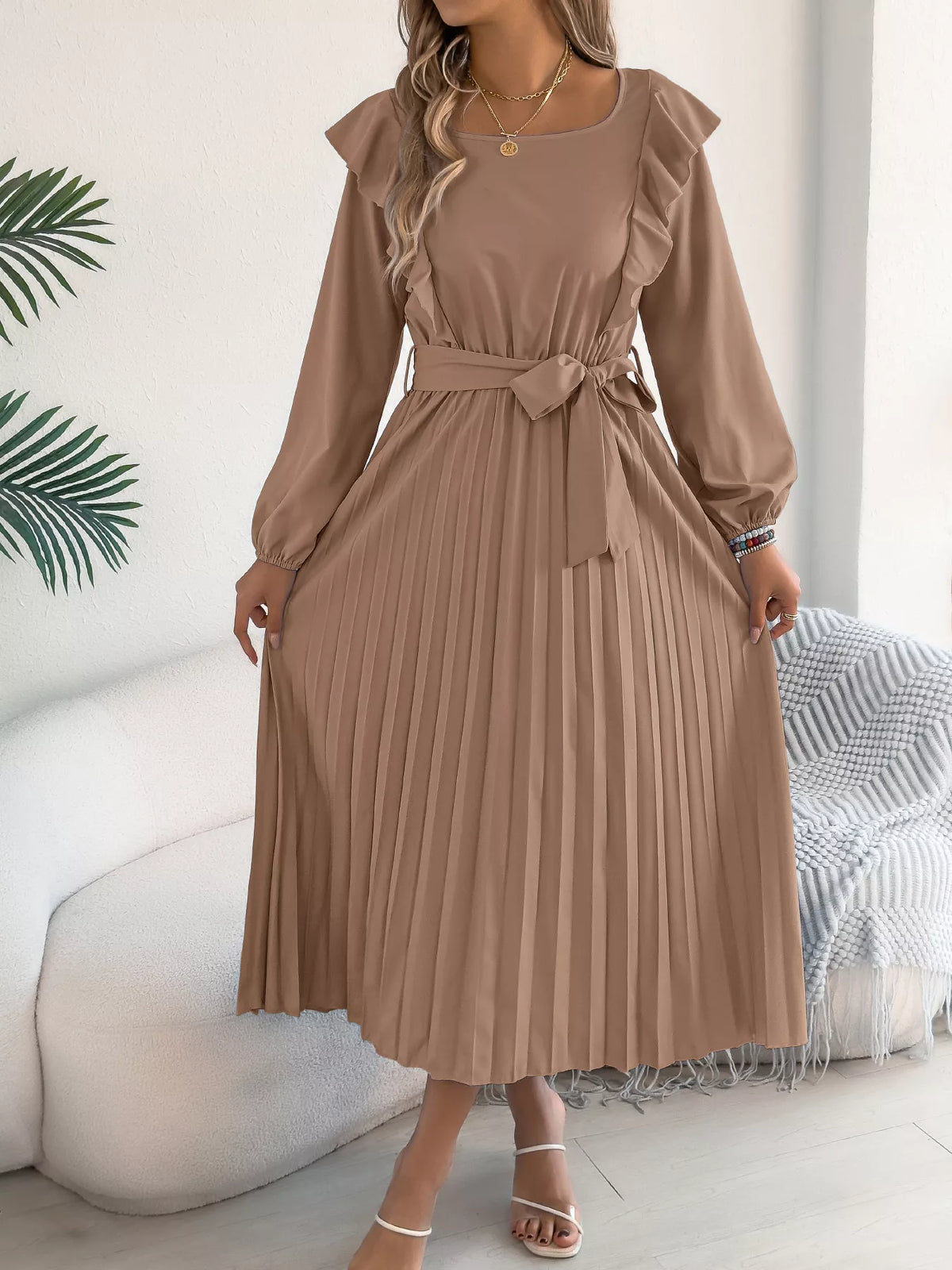 Ruffled Pleated Midi Dress with Waist Tie in Camel
