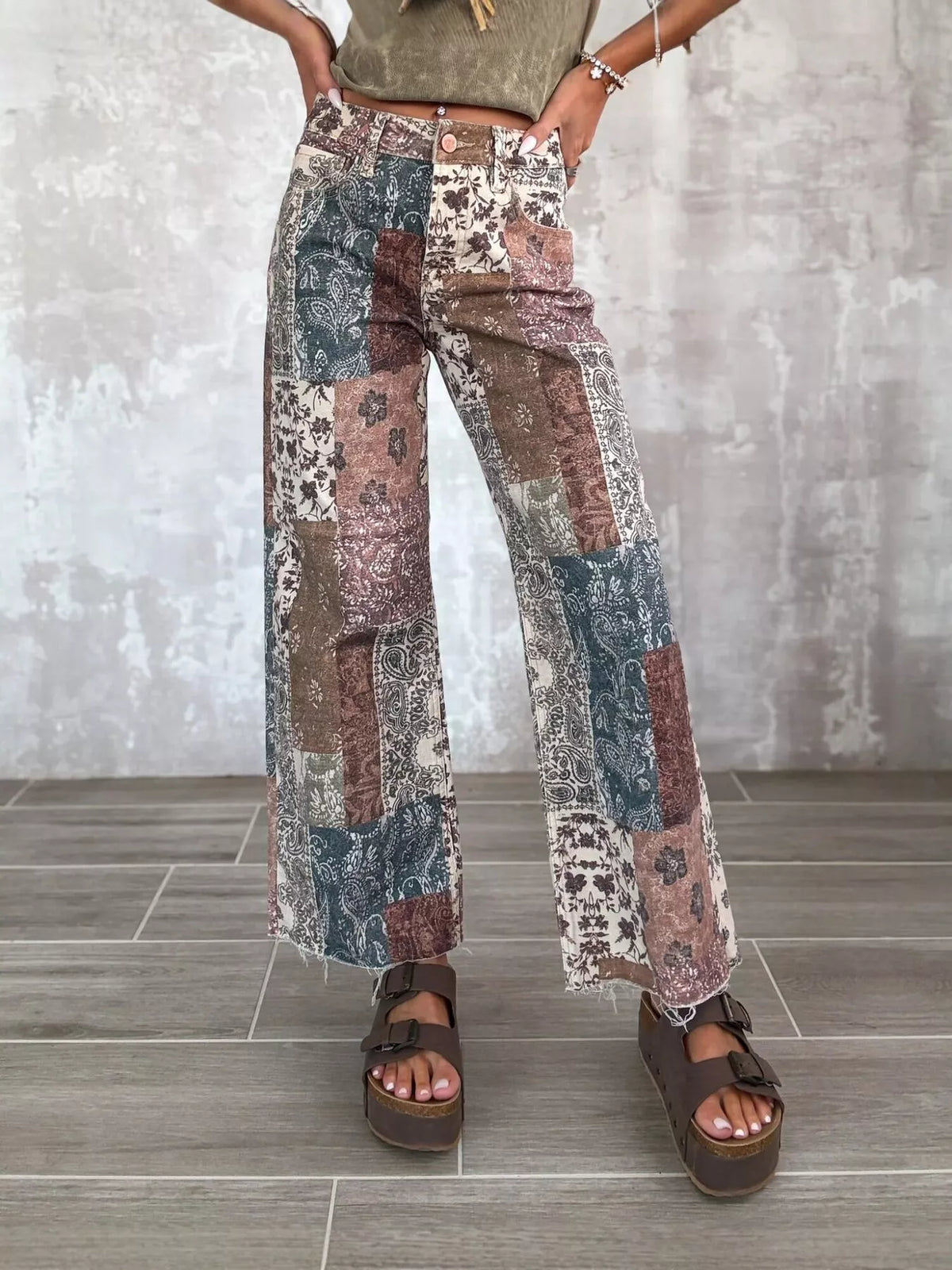 Boho-Chic Patchwork Print Flare Pants in Red, view 2