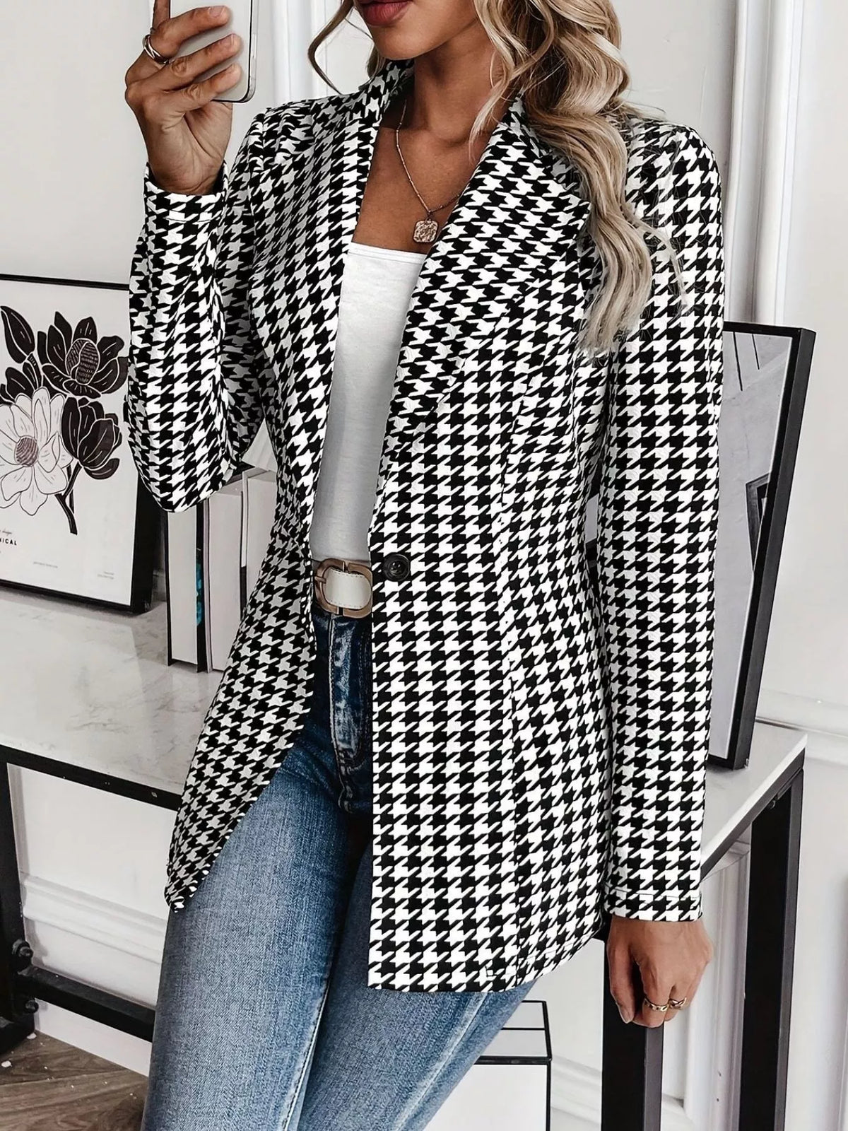 Houndstooth Print Lapel Collar Blazer - Lilixa.store