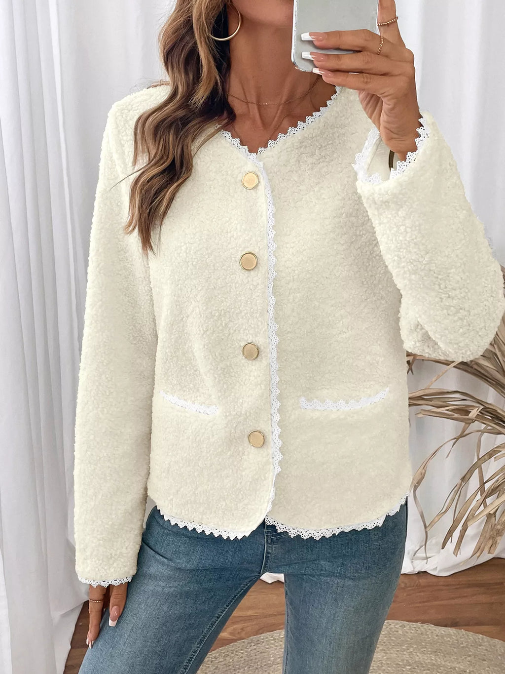 Lace Detail Button Up Long Sleeve Outerwear - Lilixa.store