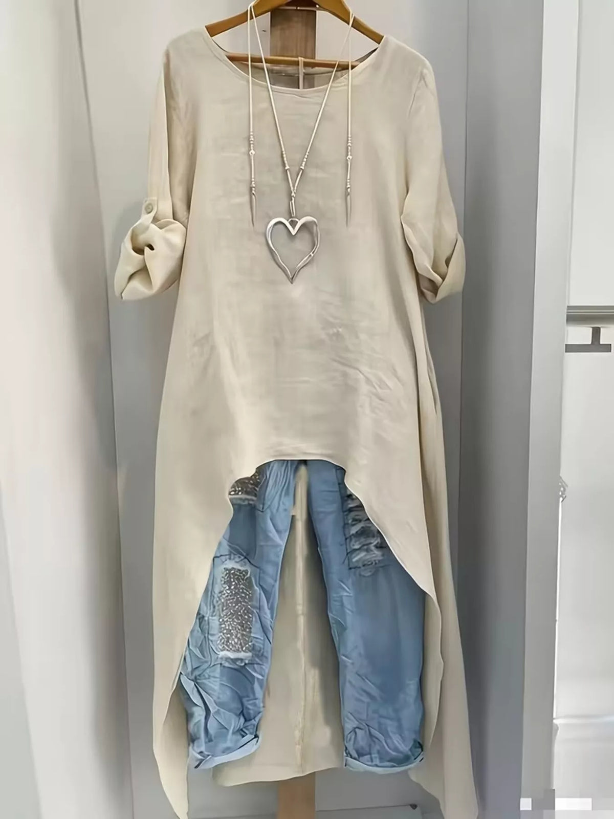 High-Low Hem Roll-Up Sleeves Blouse - Lilixa.store
