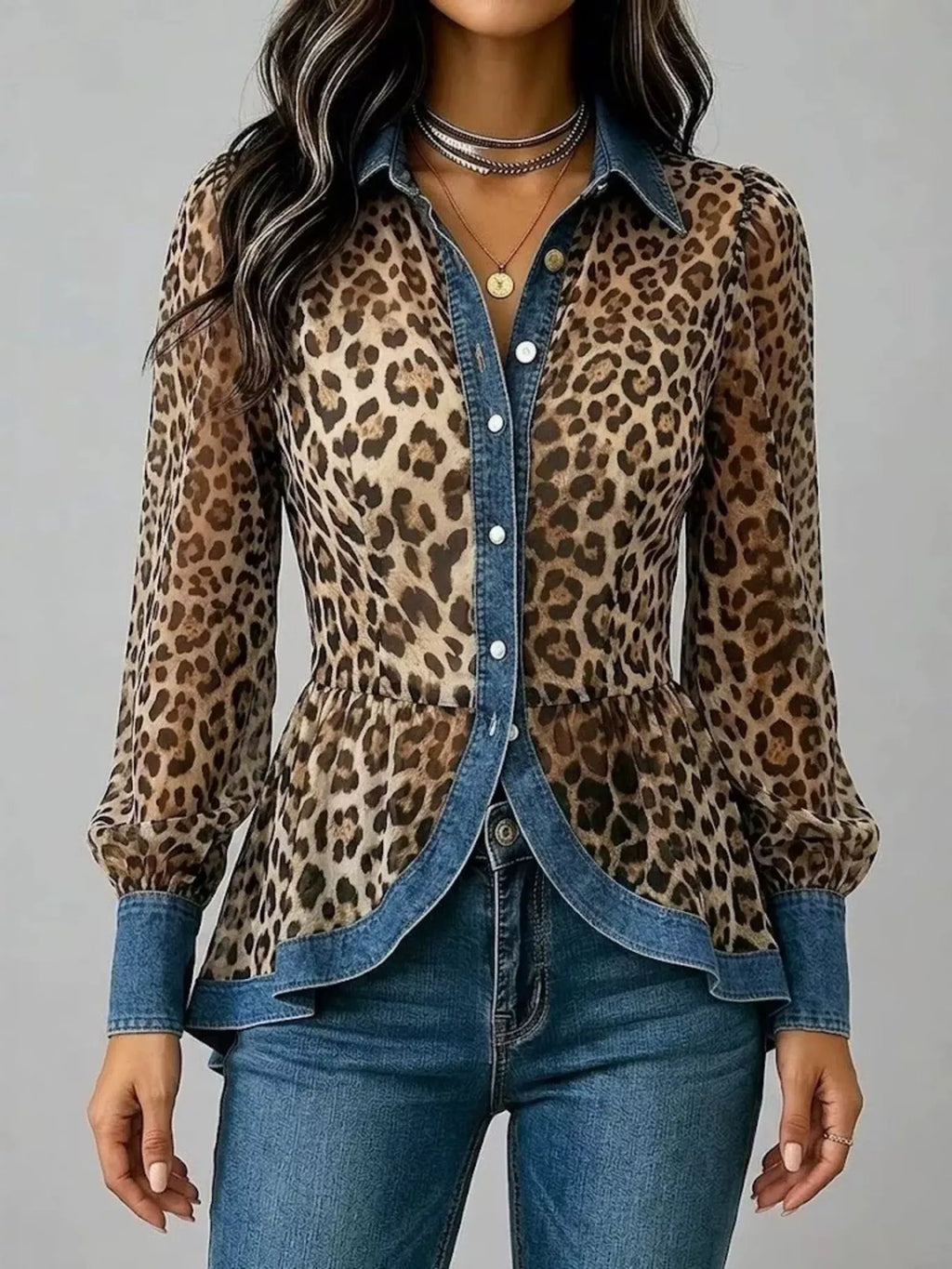 Denim Contrast Trim Leopard Shirt