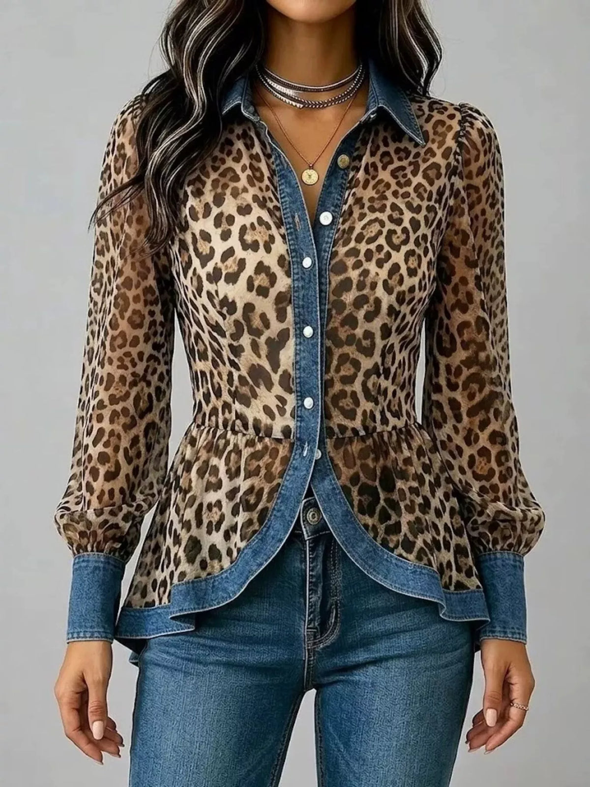 Denim Contrast Trim Leopard Shirt - Lilixa.store