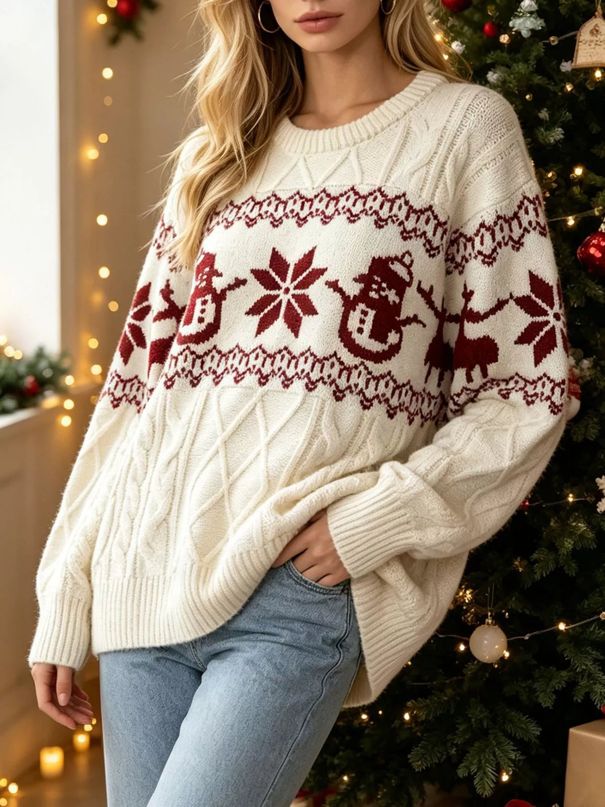 Christmas Snowman Pattern Cable Knit Sweater, view 2