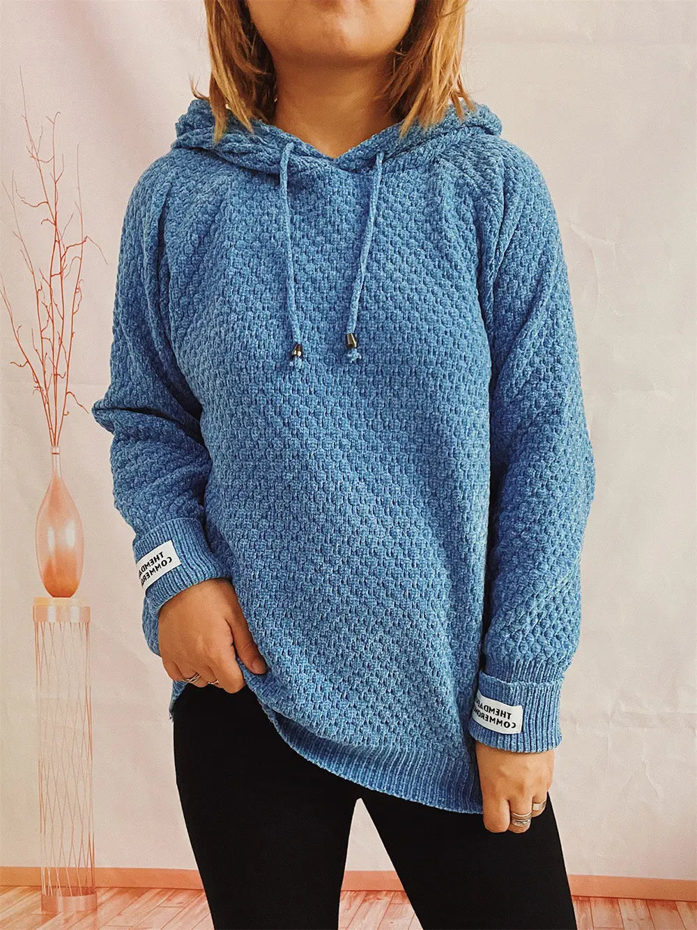 Drawstring Long Sleeve Hooded Sweater in Sky Blue