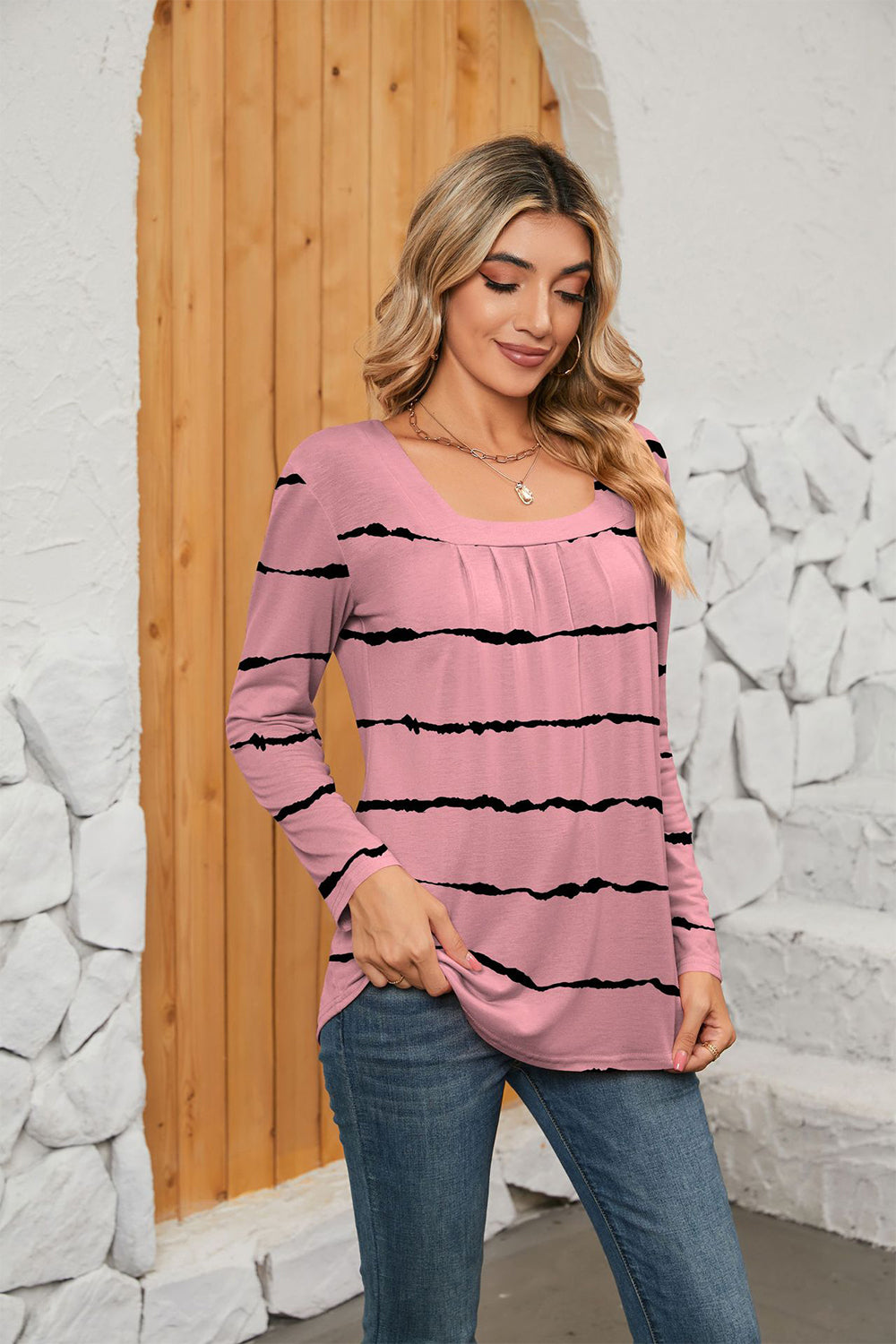 Printed Square Neck Long Sleeve Blouse - Lilixa.store