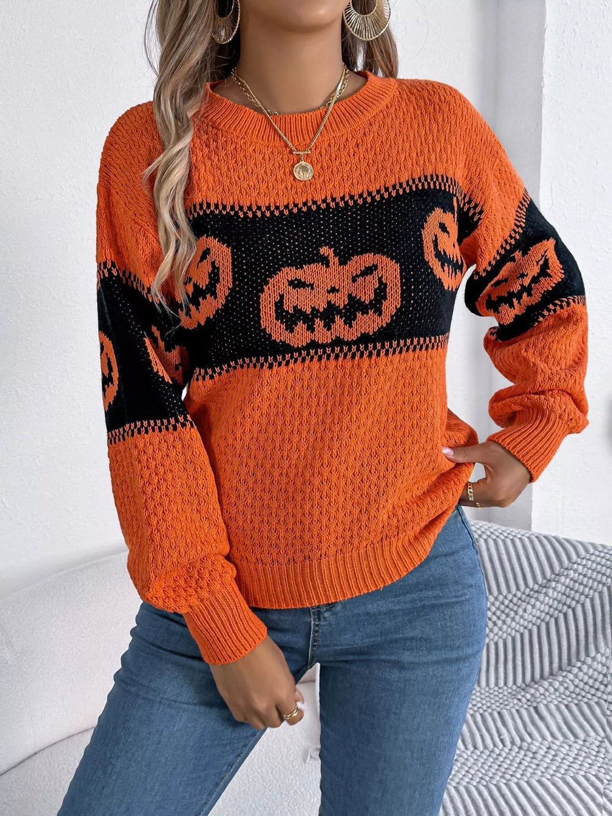 Halloween Pumpkin Pattern Round Neck Sweater, view 2