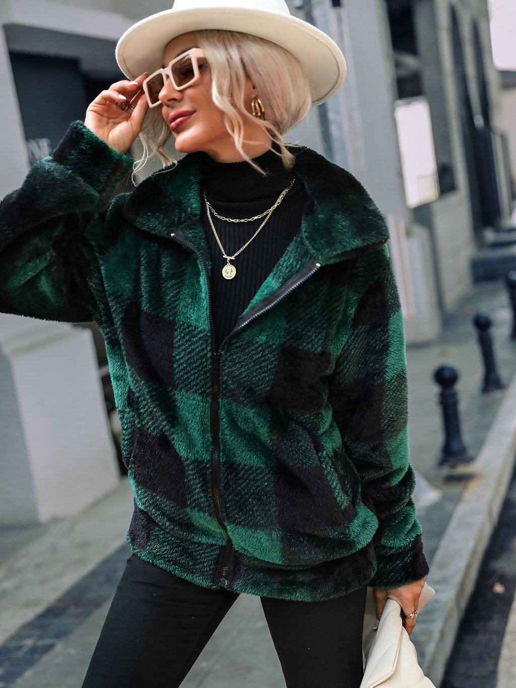 Plaid Zip-Up Collared Jacket - Lilixa.store