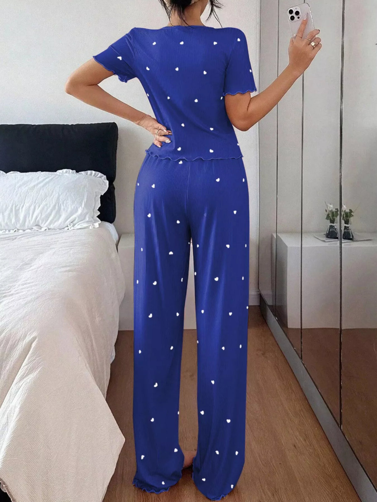 Heart Print Lettuce Trim Top and Pants Loungewear Set