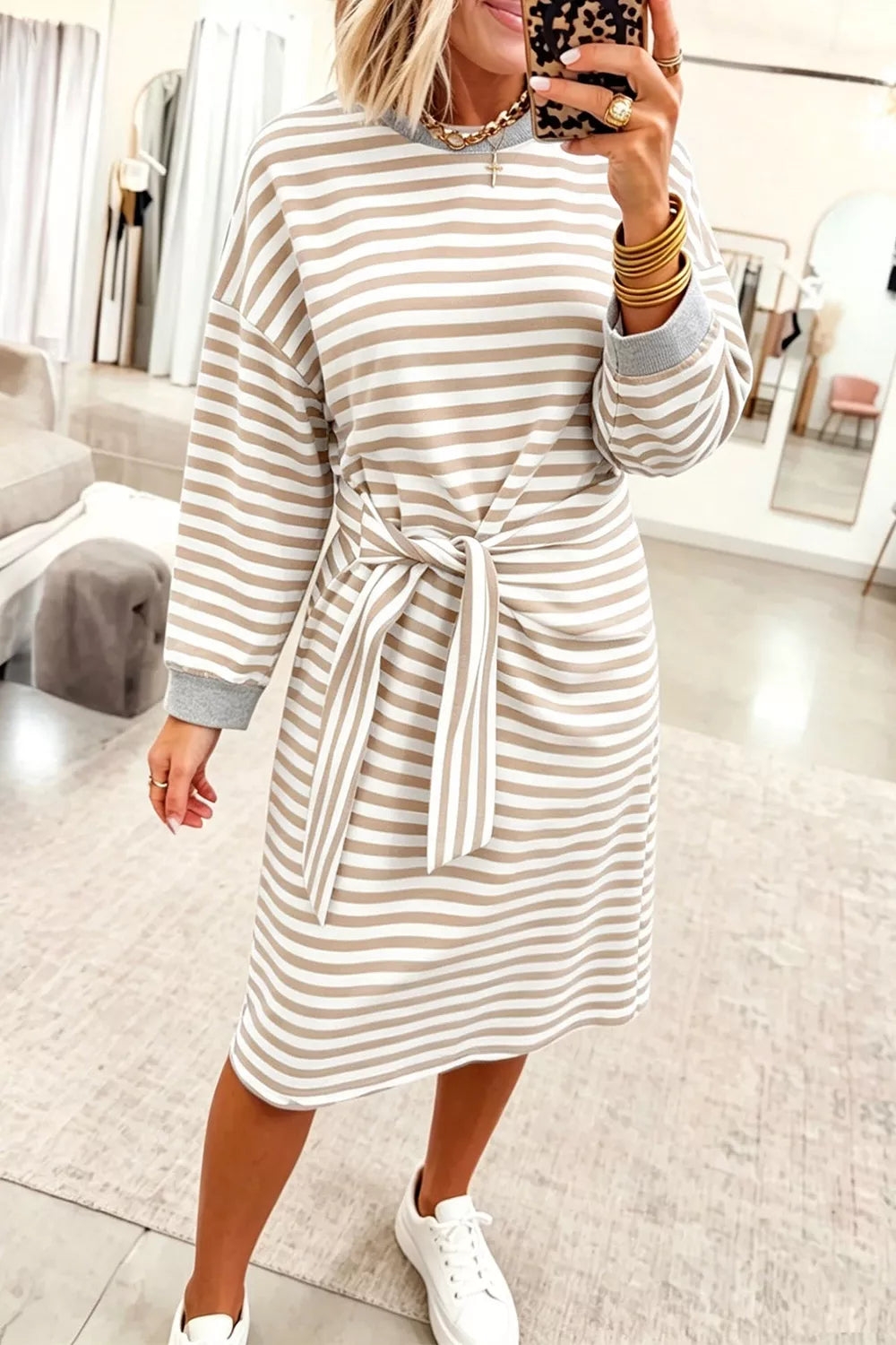 Stripe Striped Colorblock Cuffs Round Neck Long Sleeve Shift Dress - Lilixa.store