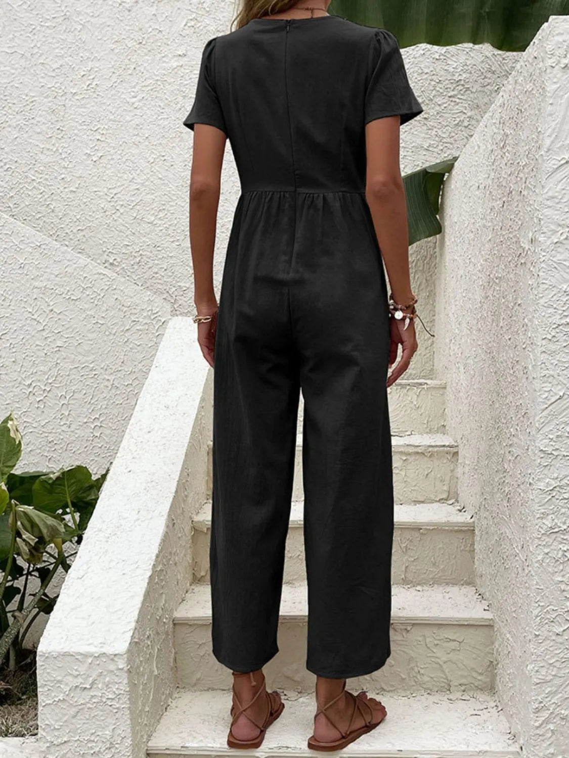 V-Neck Short Sleeve Wide Leg Jumpsuit - Lilixa.store