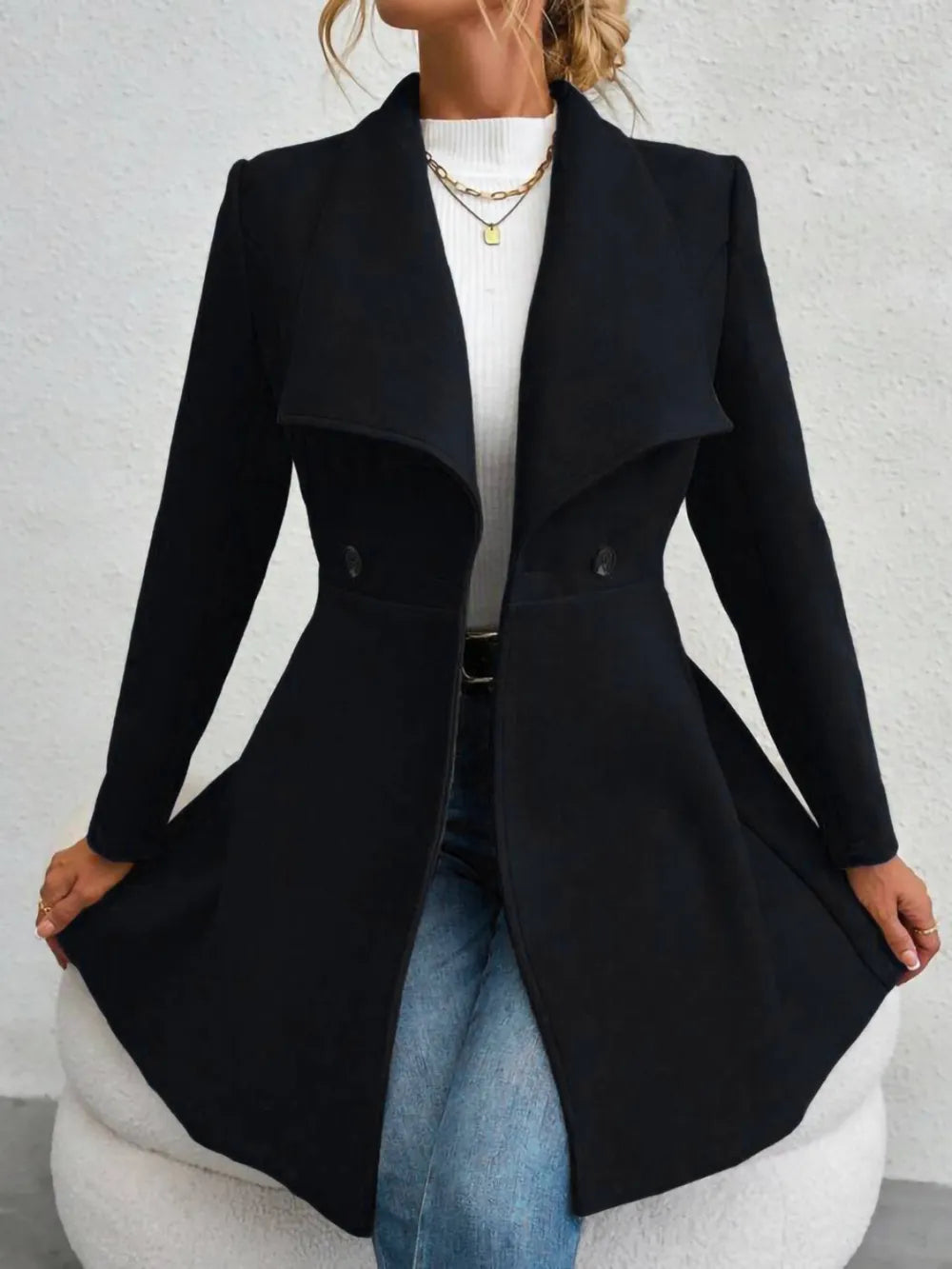 Collared Neck Button Up Long Sleeve Coat in Black