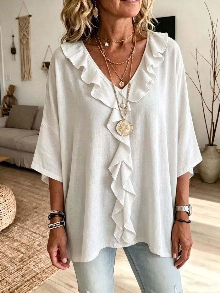 Full Size Ruffle V-Neck 3/4 Sleeve Blouse Plus Size in White