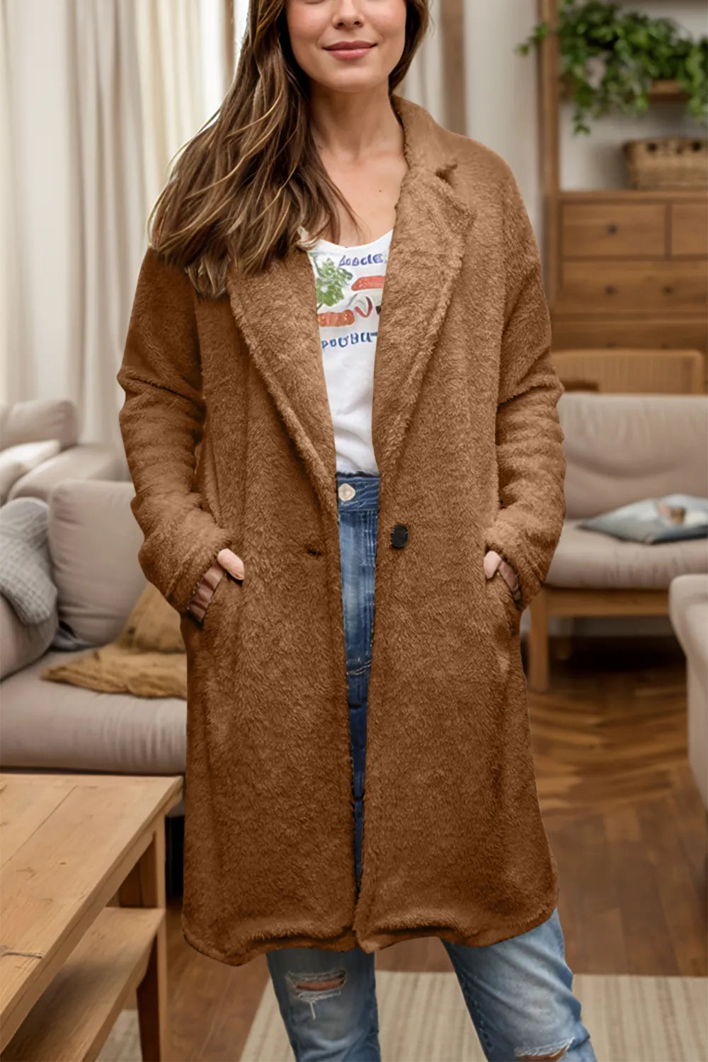 Full Size One Button Long Sleeve Longline Plush Coat - Lilixa.store