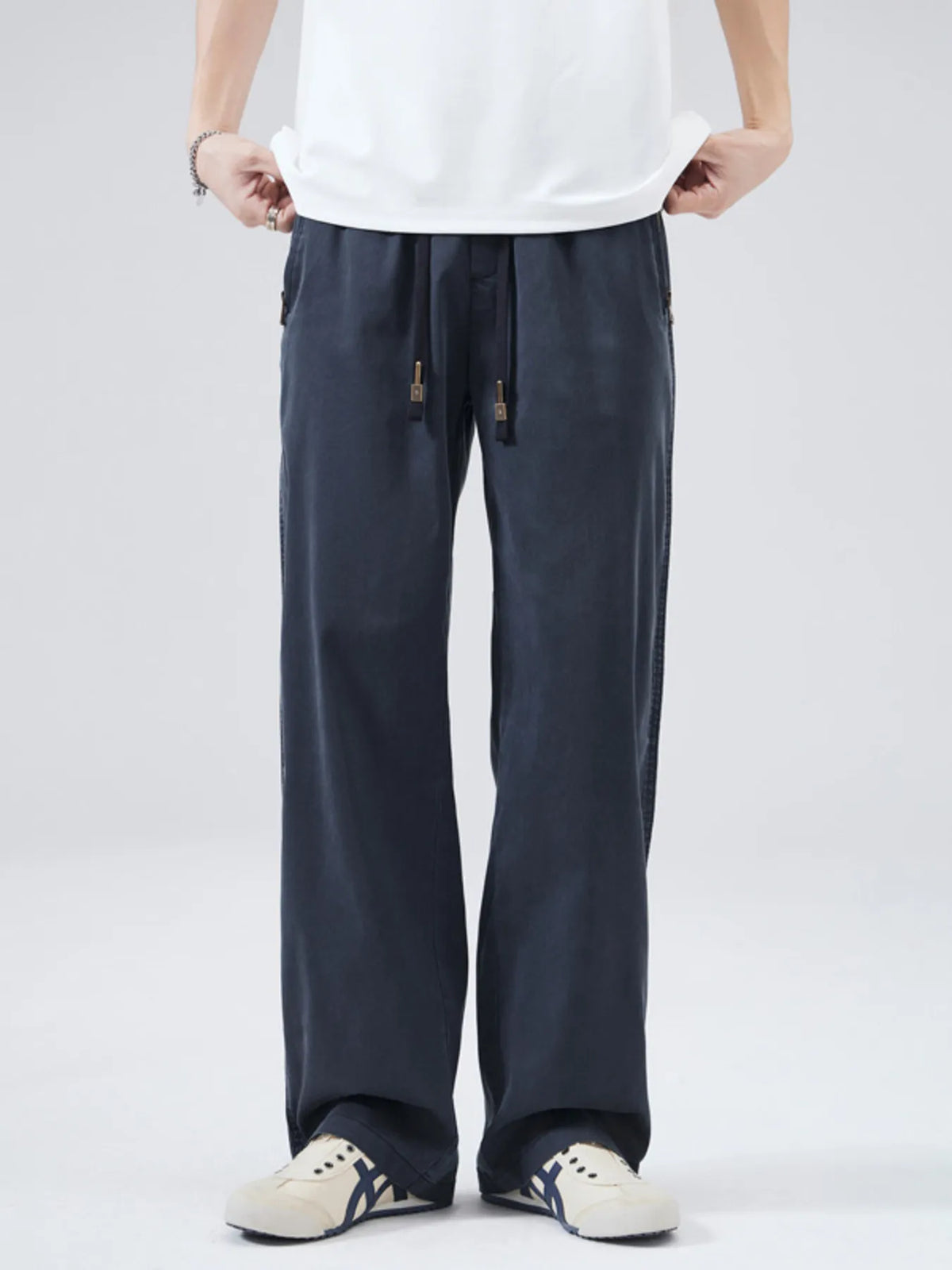 Men's Full Size Drawstring Wide Leg Pants Plus Size in Navy Blue