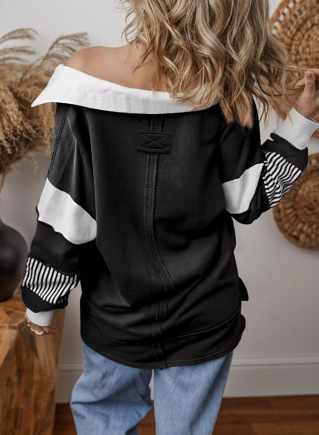 Color Block Striped Johnny Collar Sweatshirt - Lilixa.store