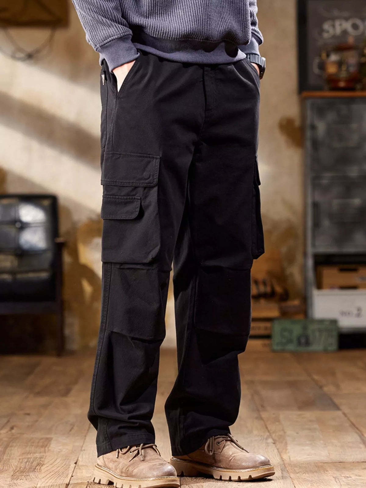 Men's Full Size Elastic Waist Cargo Pants Plus Size in Black