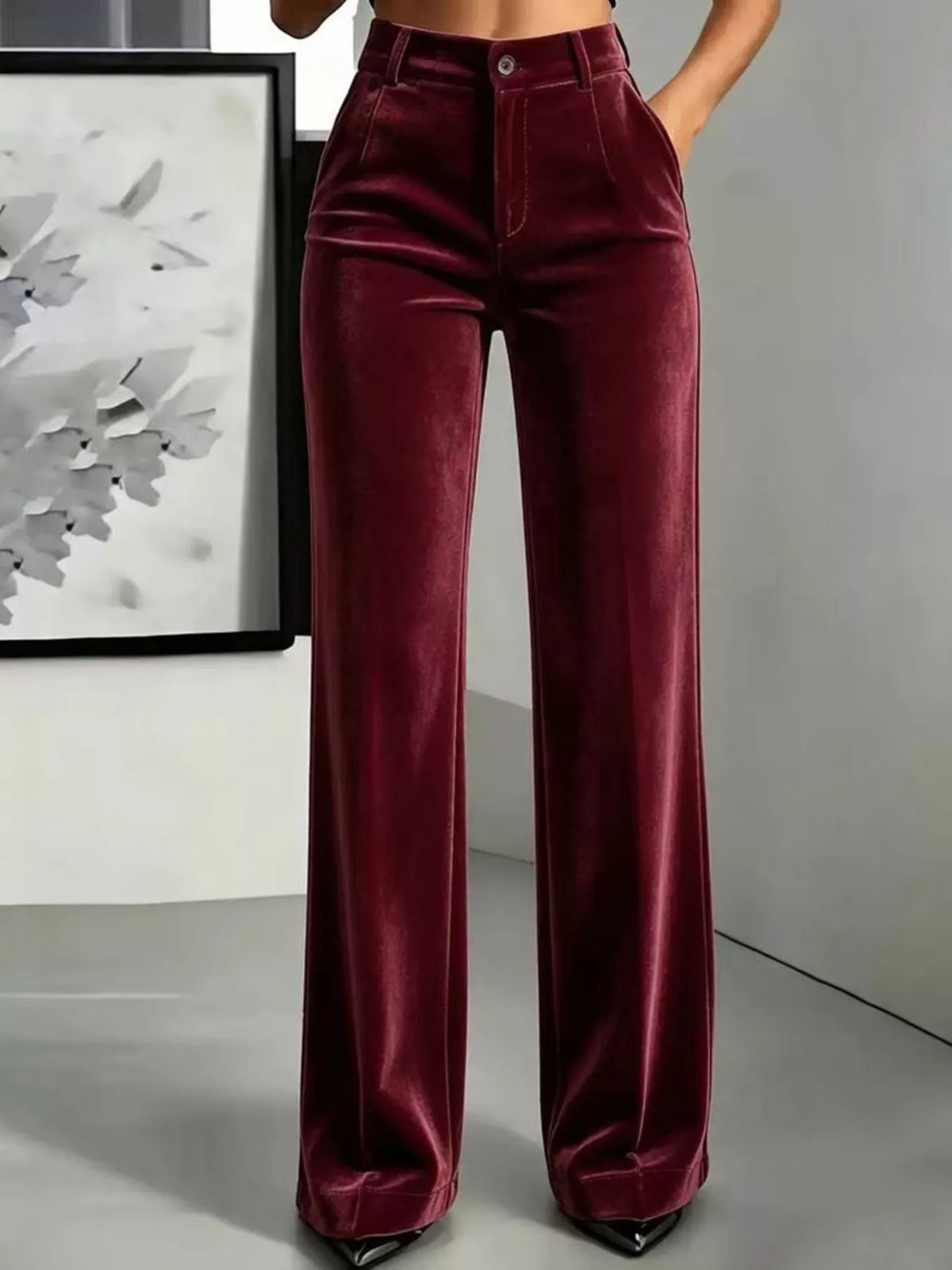 Full Size High-Waisted Velvet Pants Plus Size in Burgundy