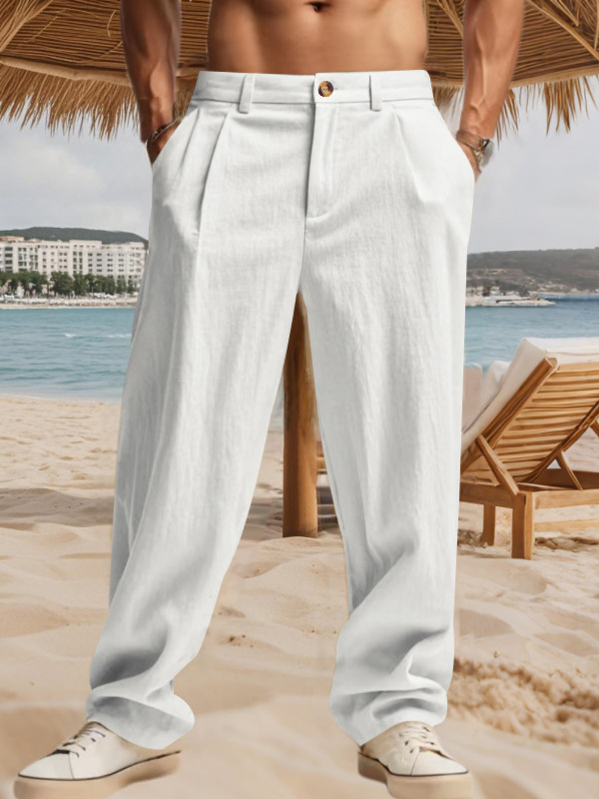 Men's Full Size Relaxed Fit Pleated Pants Plus Size in White