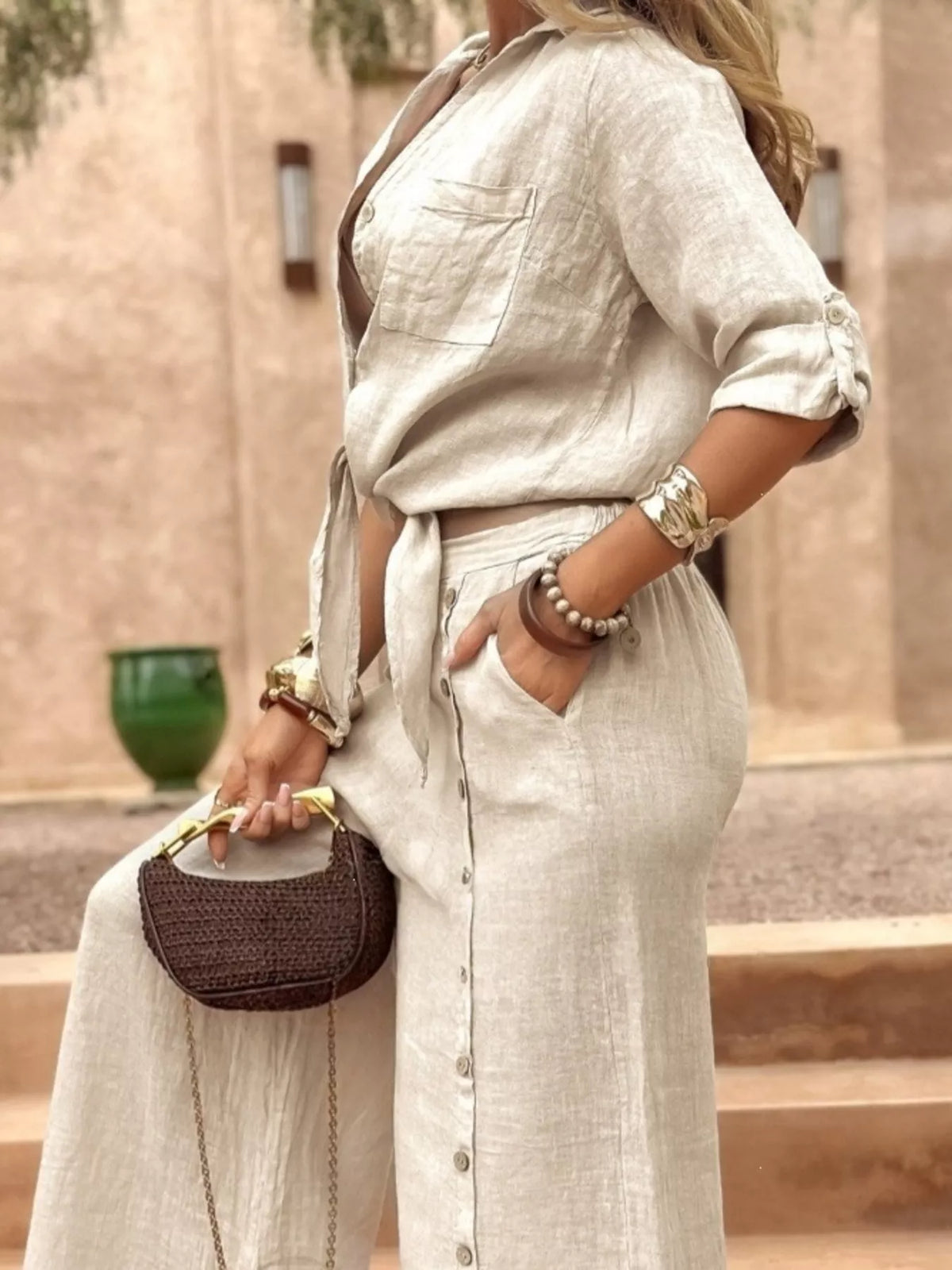 Full Size Button Up Shirt and Wide-Leg Pant Set Plus Size, view 8