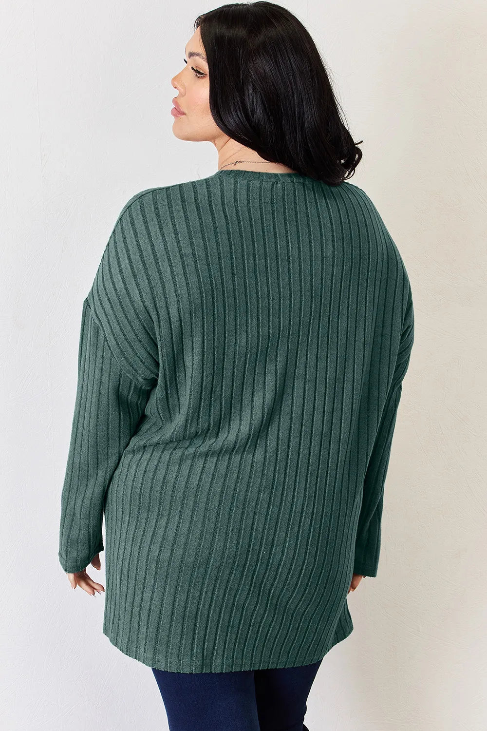Basic Bae Full Size Ribbed Half Button Long Sleeve High-Low T-Shirt - Lilixa.store