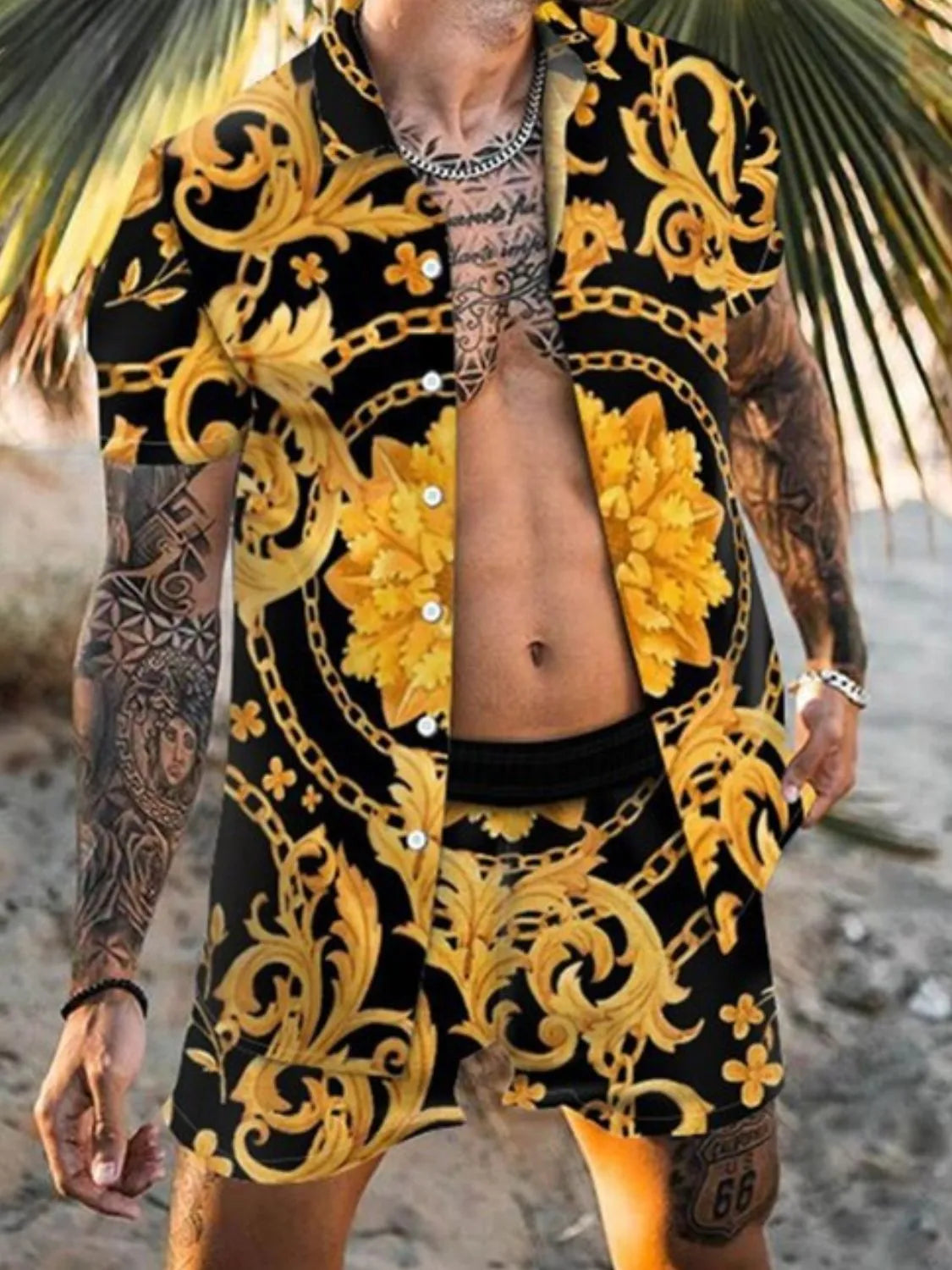 Men's Plus Size Printed Short Sleeve Shirt and Shorts Set in Gold, view 2