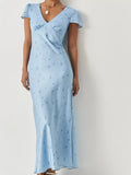 V-Neck Cap Sleeve Maxi Dress in Light Blue
