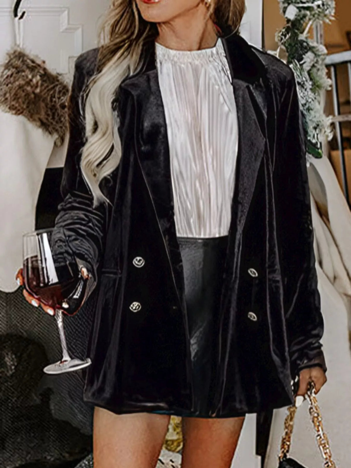 Velvet Lapel Collar Button Up Blazer - Lilixa.store